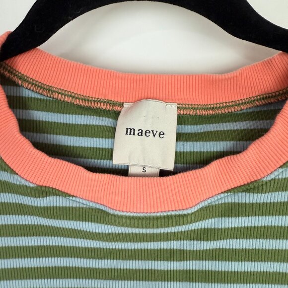 Anthropologie Maeve Ribbed Striped Puff Sleeve Top Green/Blue Small - Picture 6 of 9